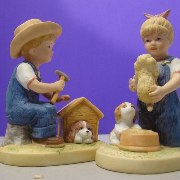 Pair of HOMCO Denim Days Figurine Set #1503 Puppy Love 1985 Home Interiors - Picture 11 of 16